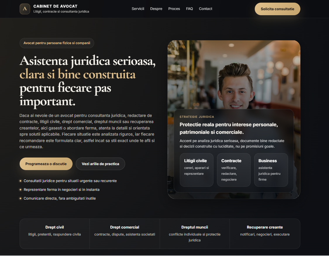 Prezentare profesională pentru web design avocat în Argeș, cu imagine elegantă și structură clară pentru cabinet juridic