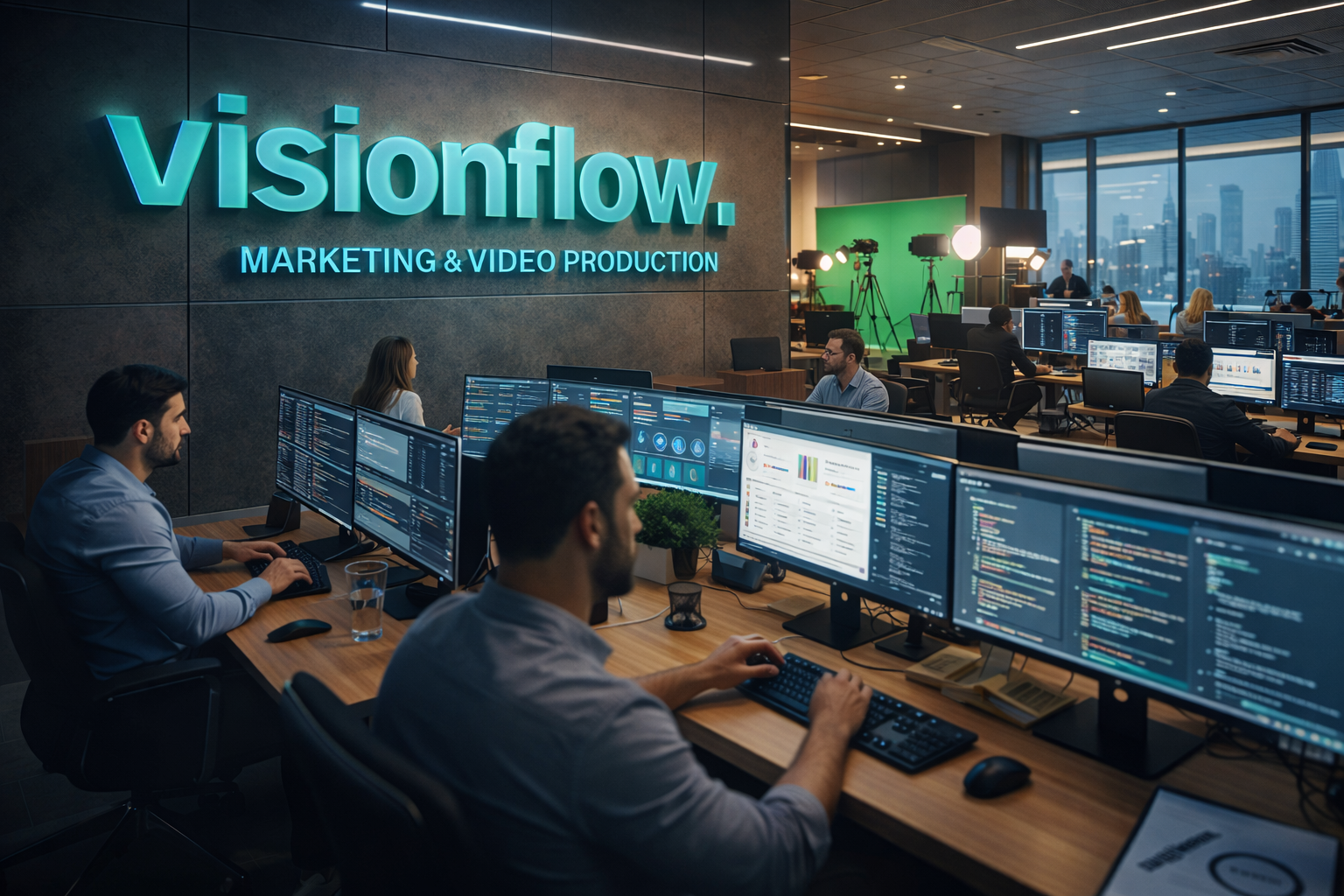 Echipa VisionFlow lucrând la un proiect digital